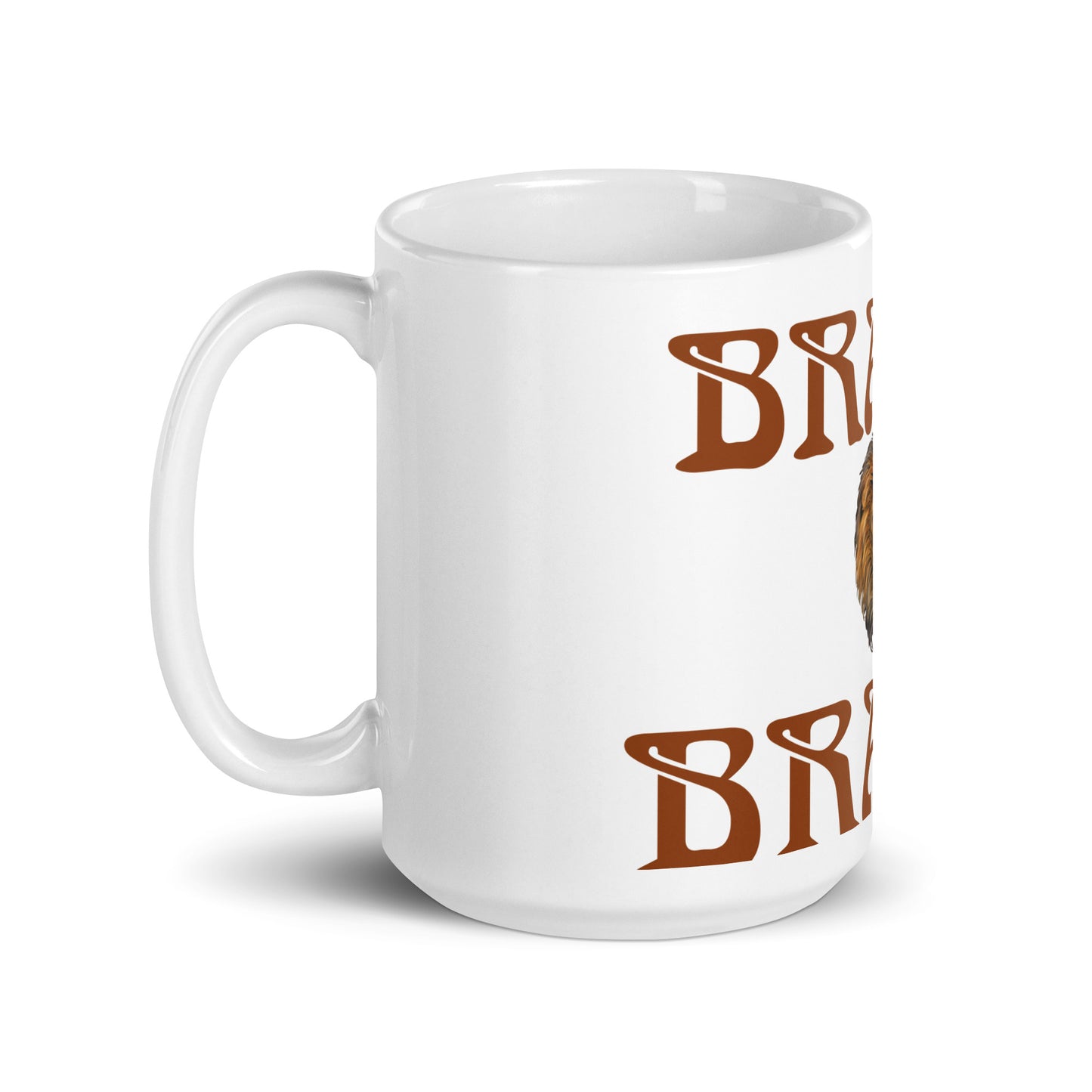 “BRAVE”White Glossy Mug W/Brown Font