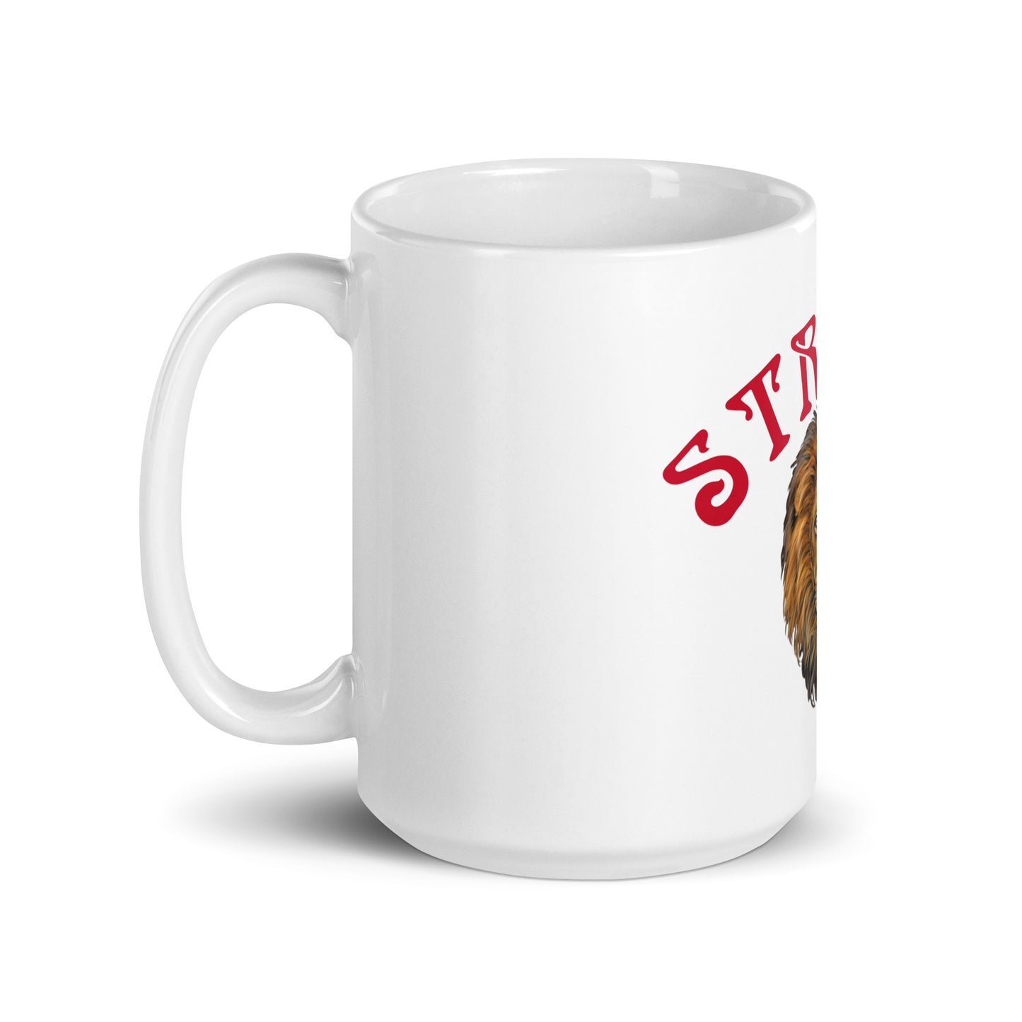 “STRONG”White Glossy Mug W/Arch Red Font