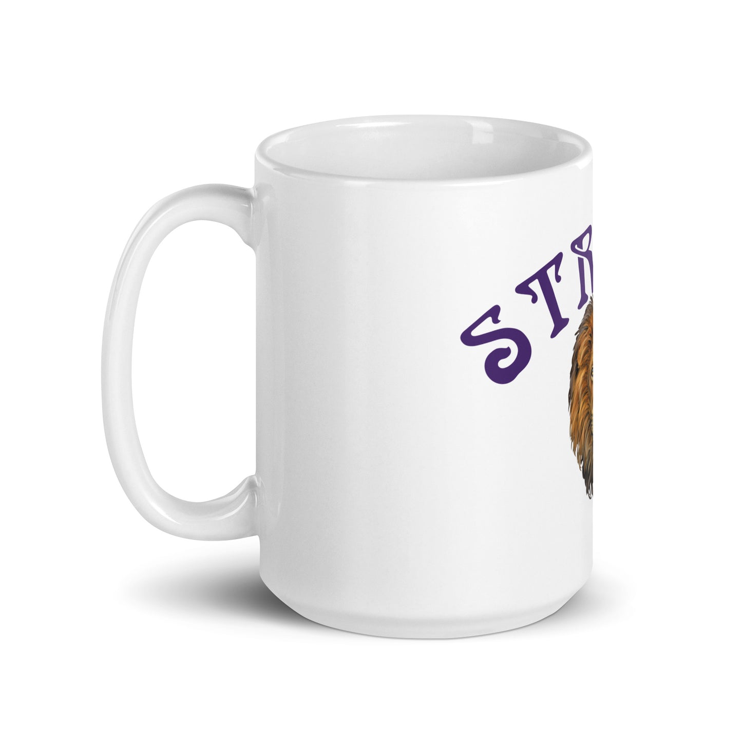 “STRONG”White Glossy Mug W/Arch Purple Font