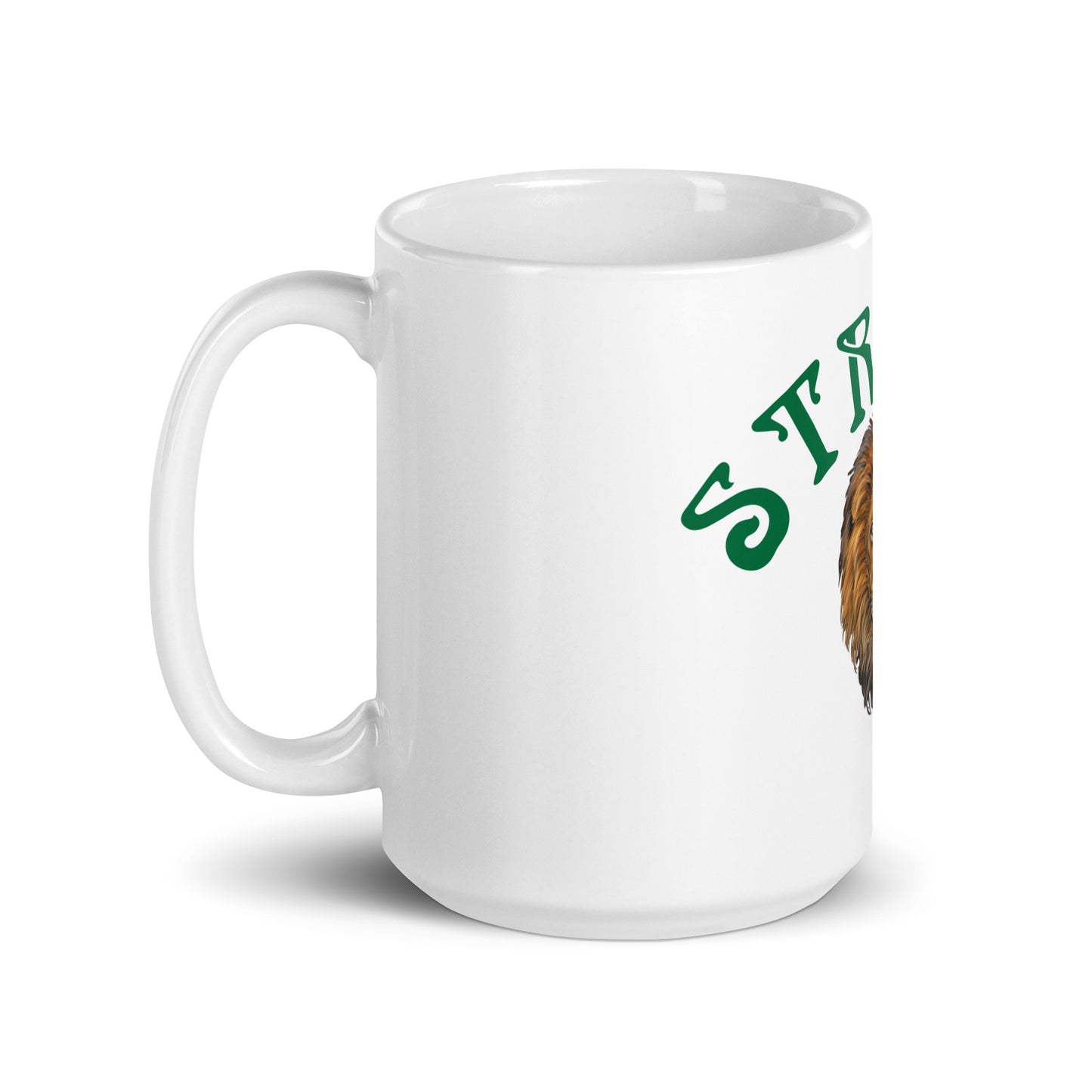 “STRONG”White Glossy Mug W/Arch Green Font