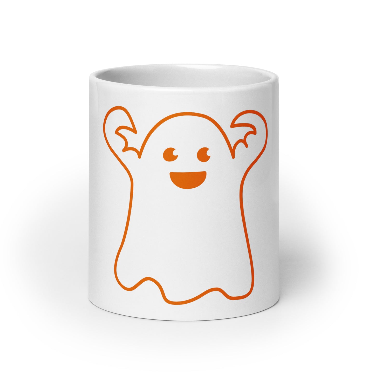 “HAPPY HALLOWEEN ORANGE GHOST!”White Glossy Mug W/Orange Font