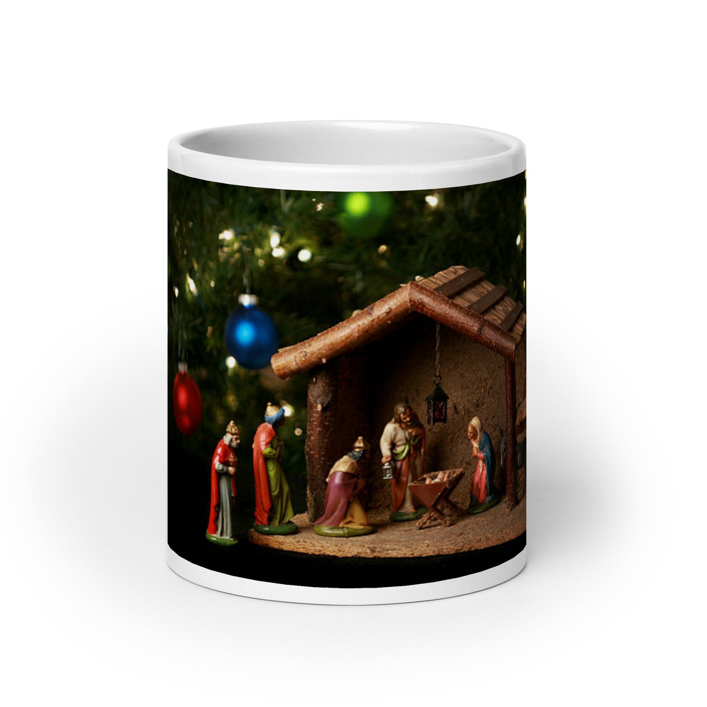 “MERRY CHRISTMAS!”White Glossy Mug W/Baby Jesus in the Manger/Red Font