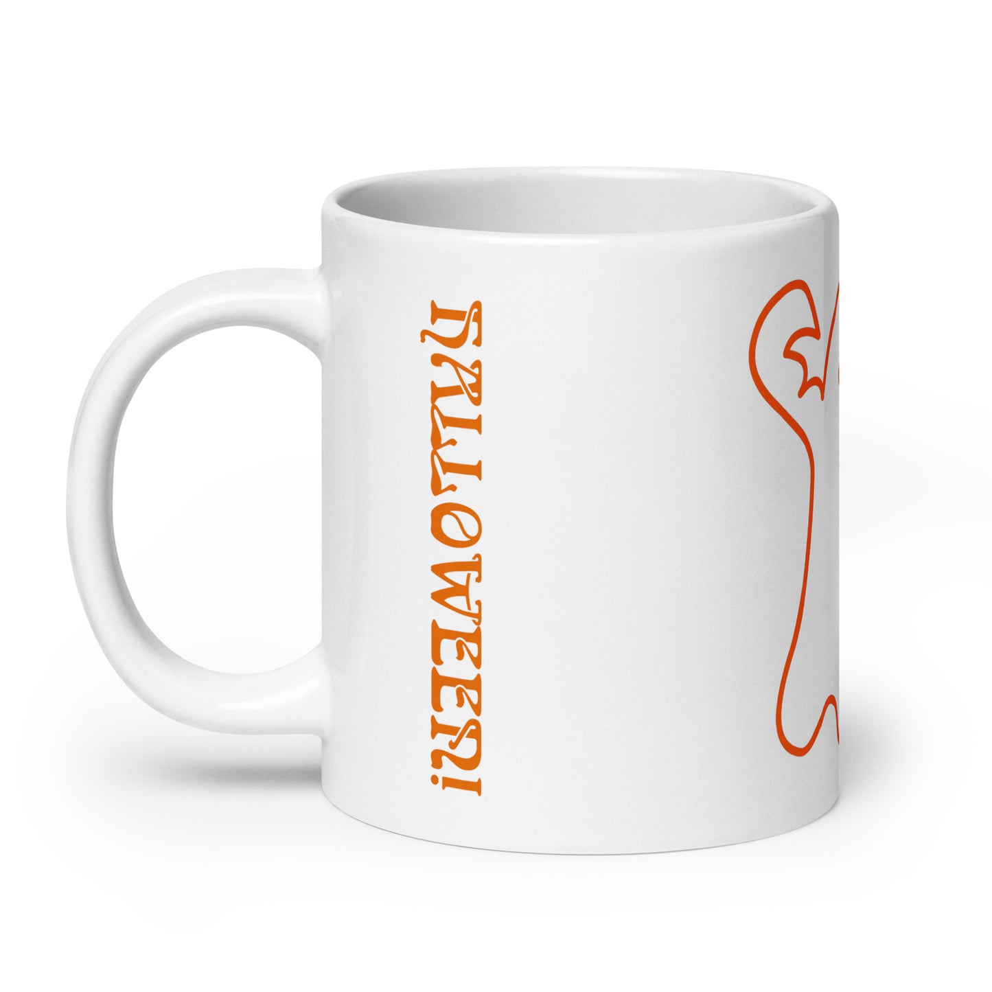 “HAPPY HALLOWEEN ORANGE GHOST!”White Glossy Mug W/Orange Font