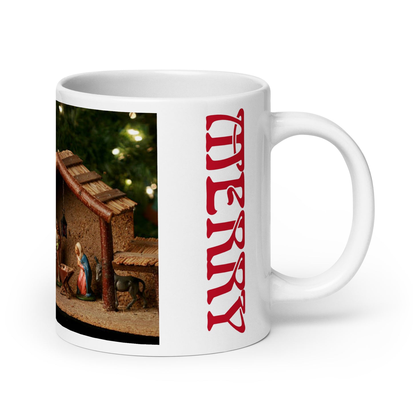 “MERRY CHRISTMAS!”White Glossy Mug W/Baby Jesus in the Manger/Red Font