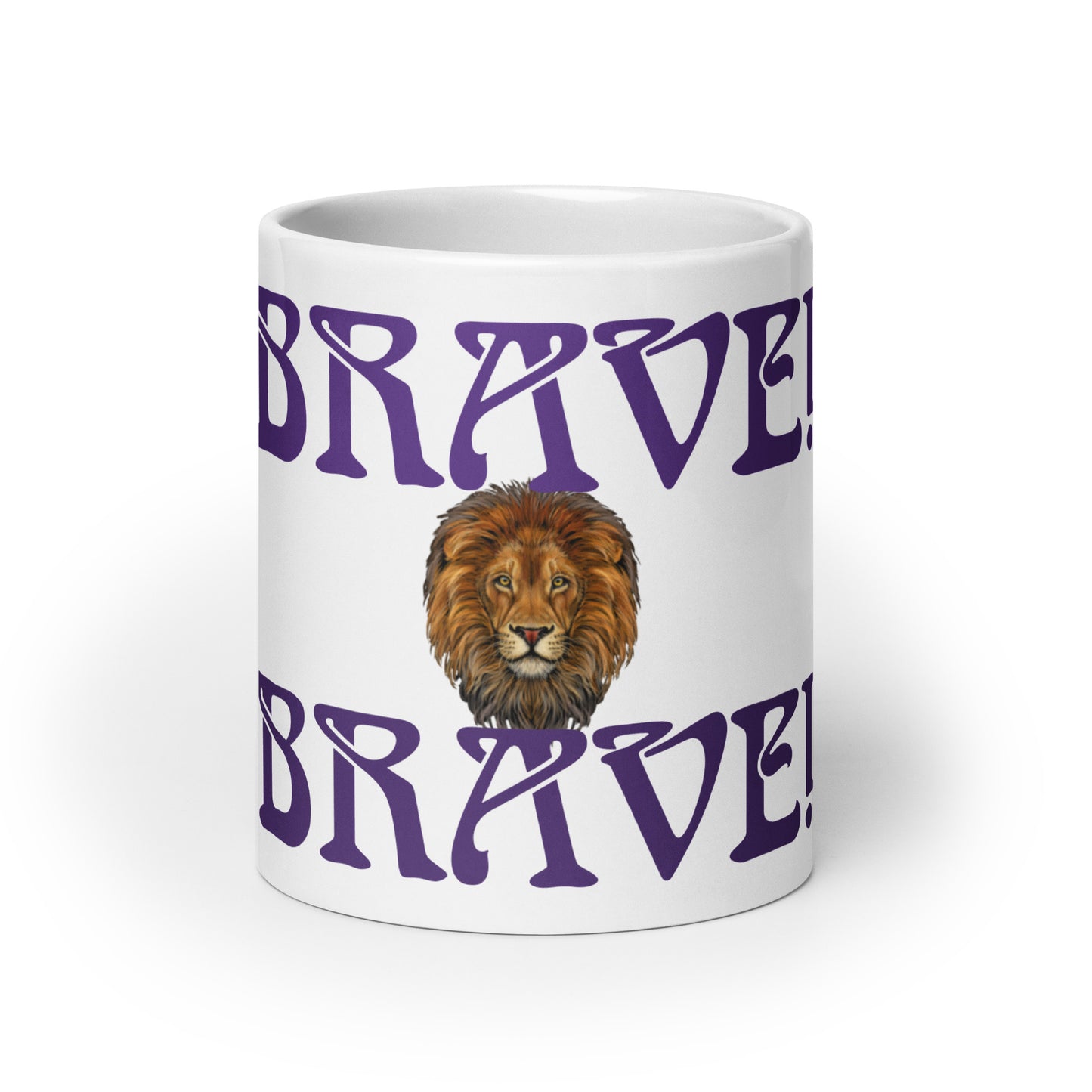 “BRAVE”White Glossy Mug W/Purple Font