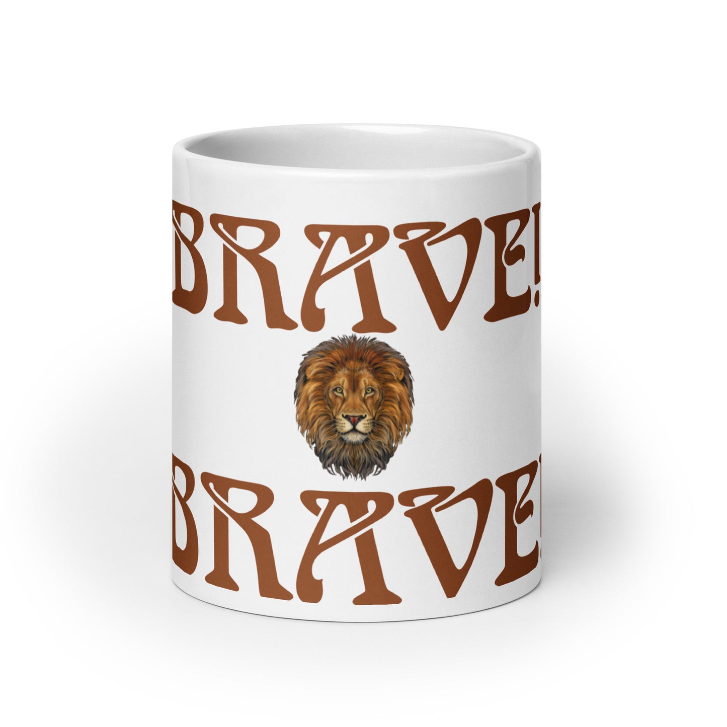 “BRAVE”White Glossy Mug W/Brown Font