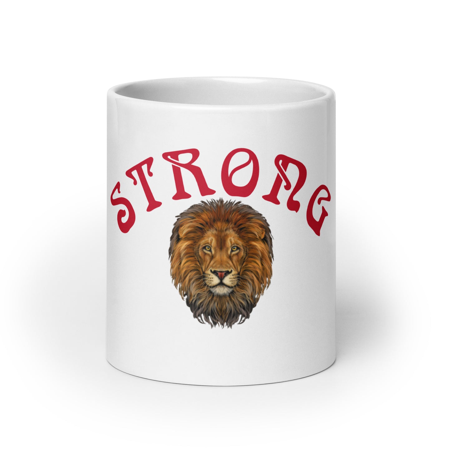 “STRONG”White Glossy Mug W/Arch Red Font