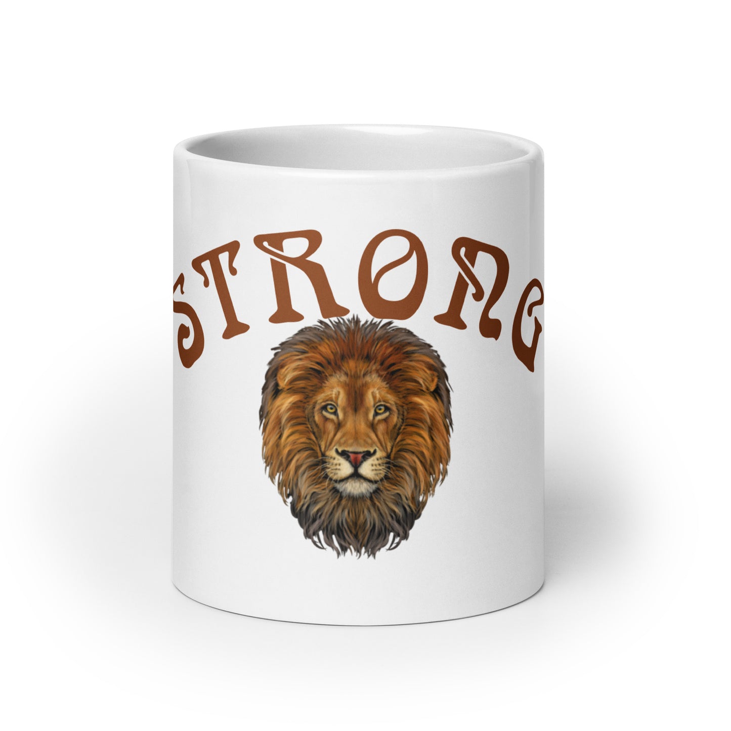 “STRONG”White Glossy Mug W/Arch Brown Font