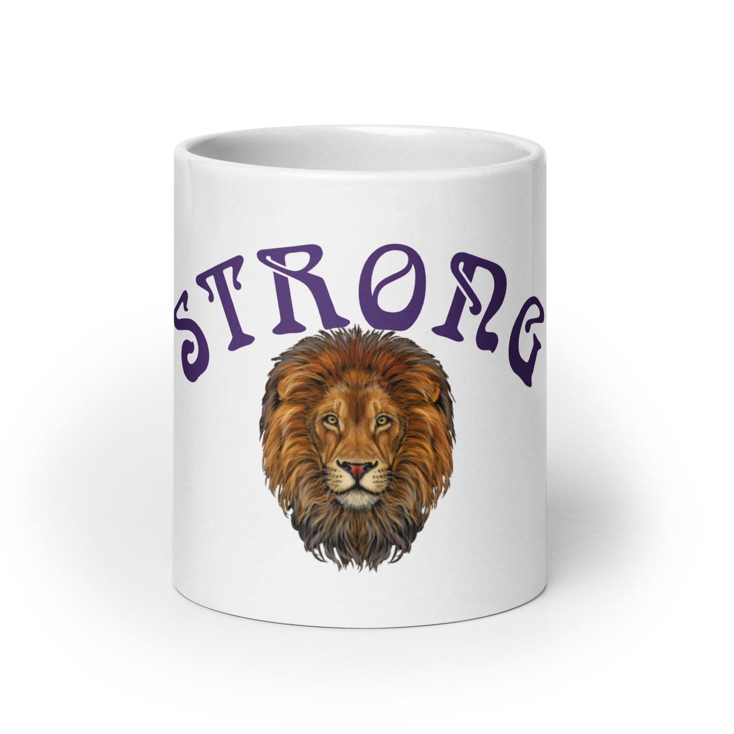 “STRONG”White Glossy Mug W/Arch Purple Font