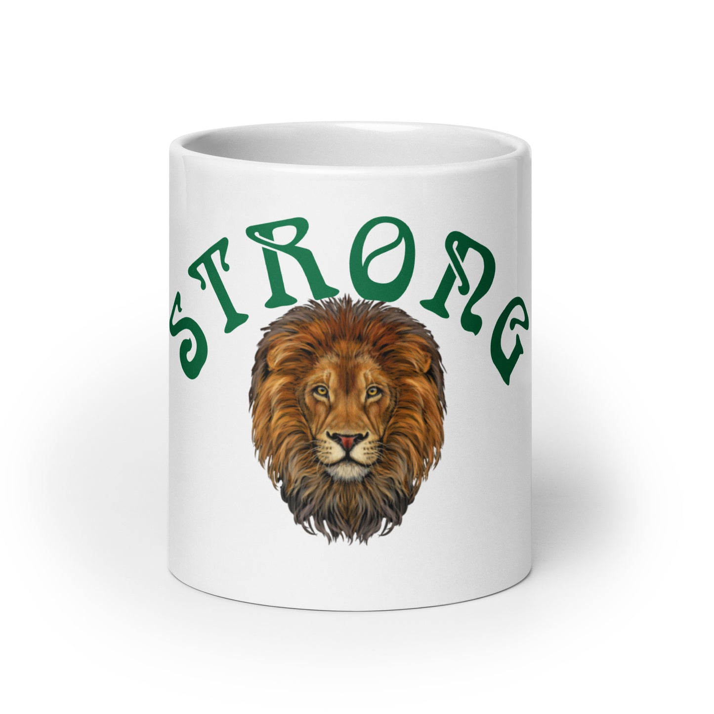 “STRONG”White Glossy Mug W/Arch Green Font