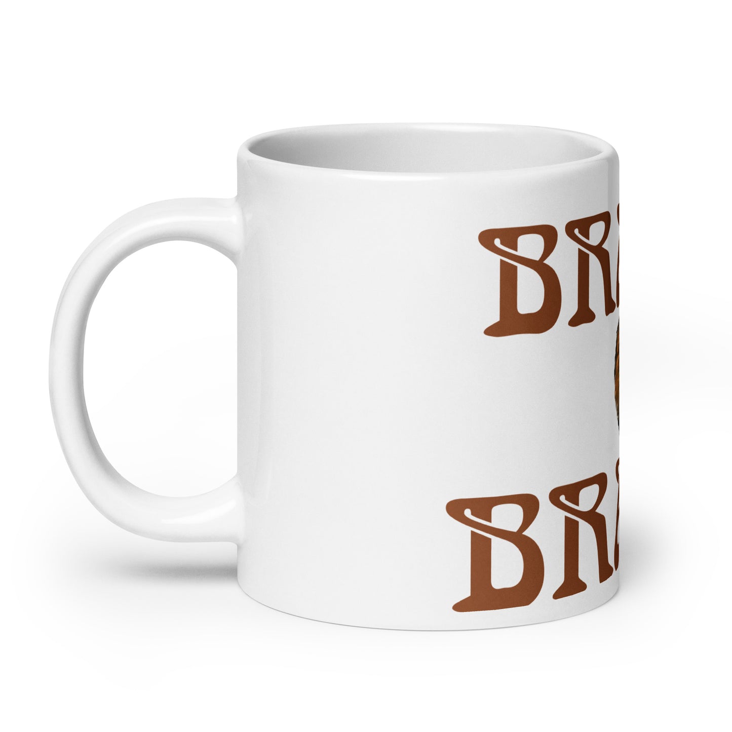 “BRAVE”White Glossy Mug W/Brown Font