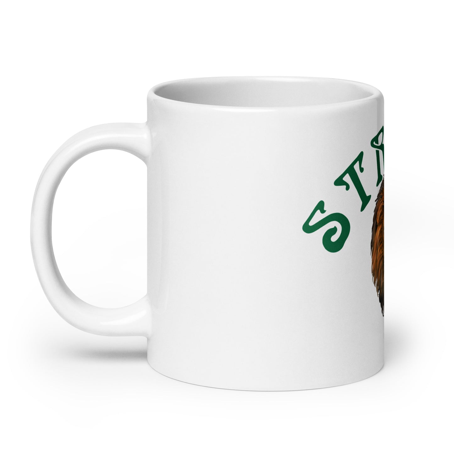 “STRONG”White Glossy Mug W/Arch Green Font