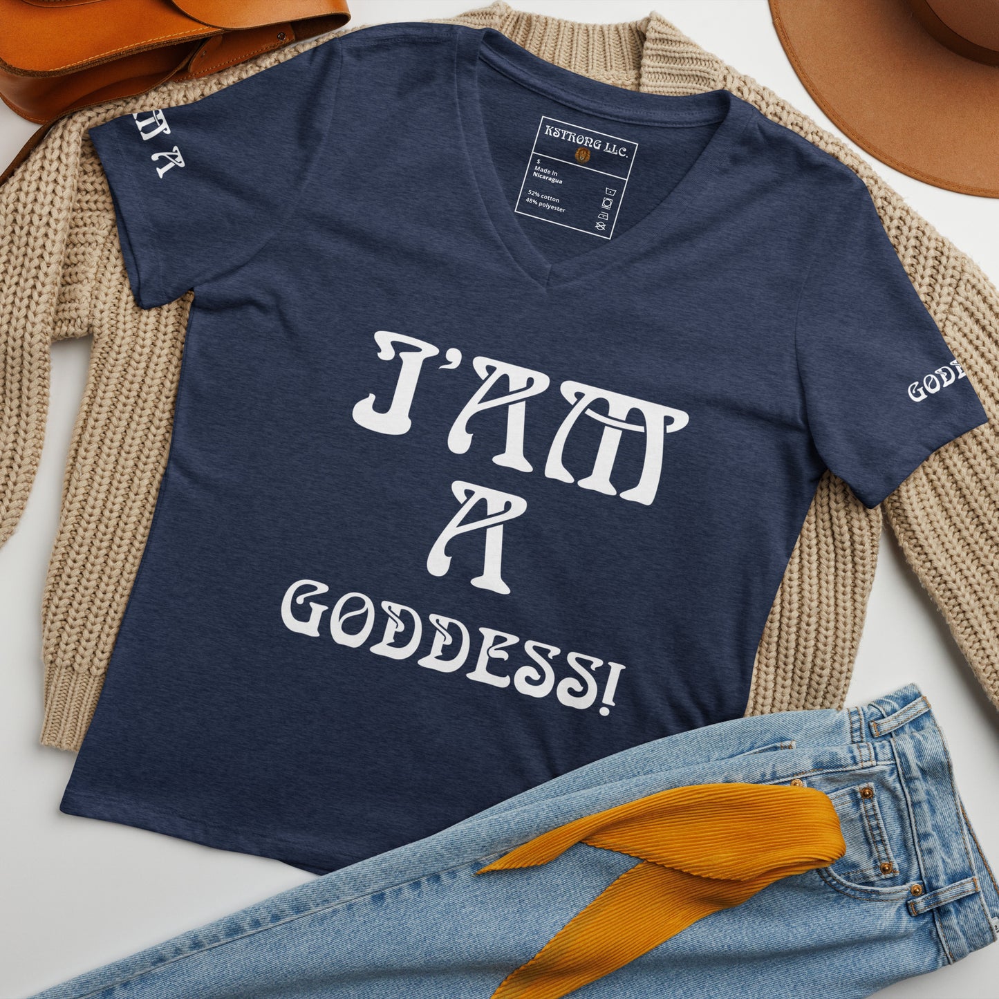 “I’AM A GODDESS!” Women’s Relaxed V-Neck T-Shirt W/White Font