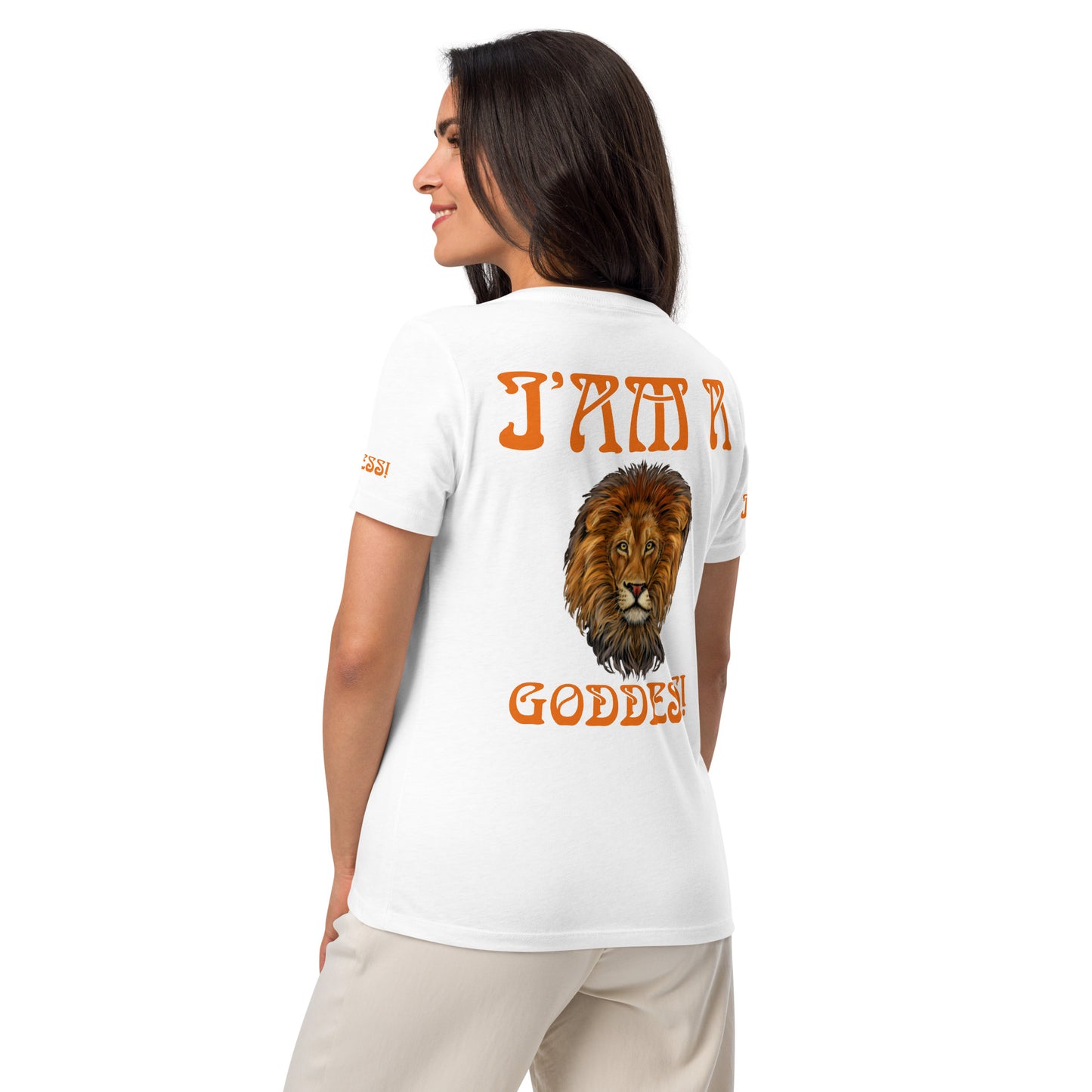 “I’AM A GODDESS!” White Women’s Relaxed V-Neck T-Shirt W/Orange Font