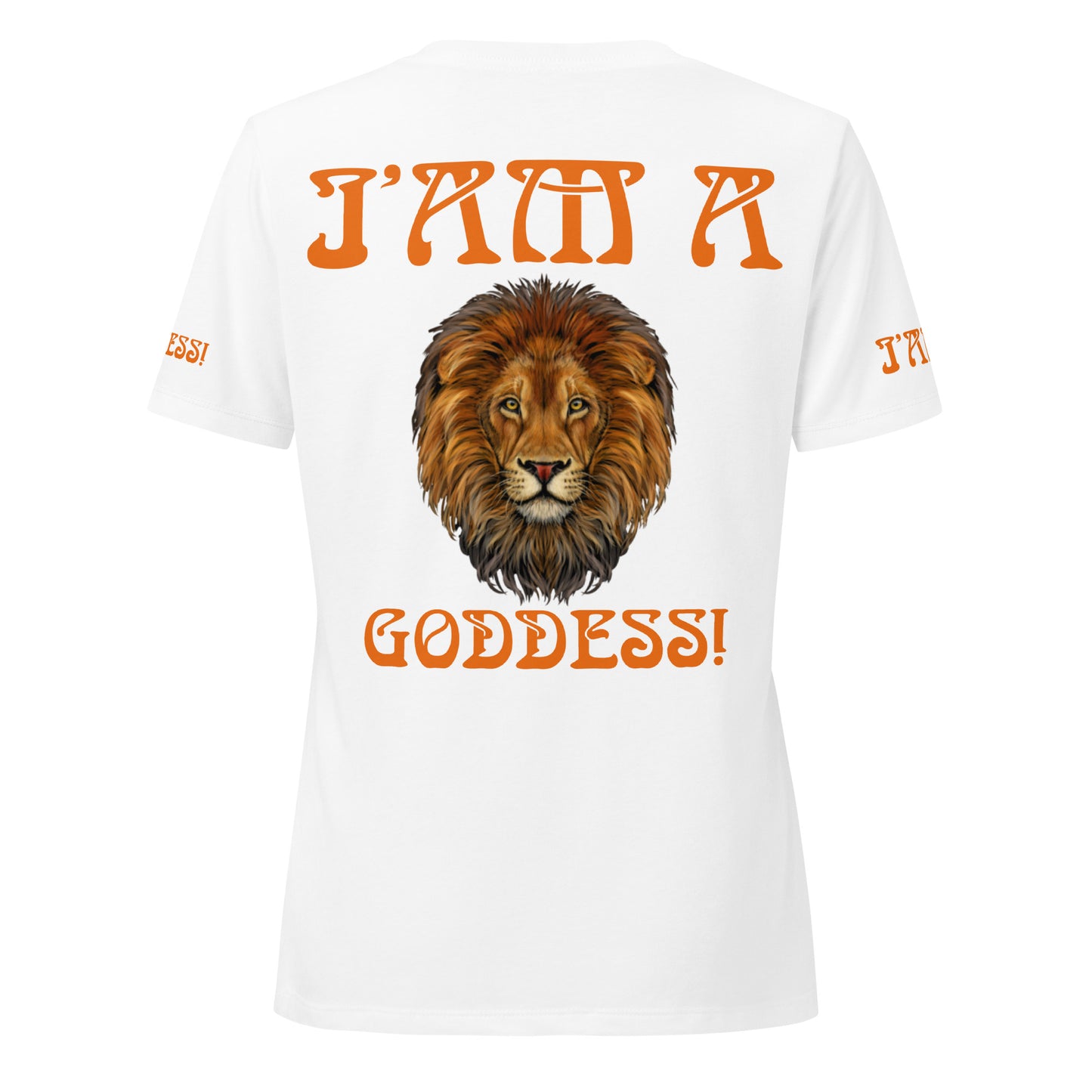 “I’AM A GODDESS!” White Women’s Relaxed V-Neck T-Shirt W/Orange Font