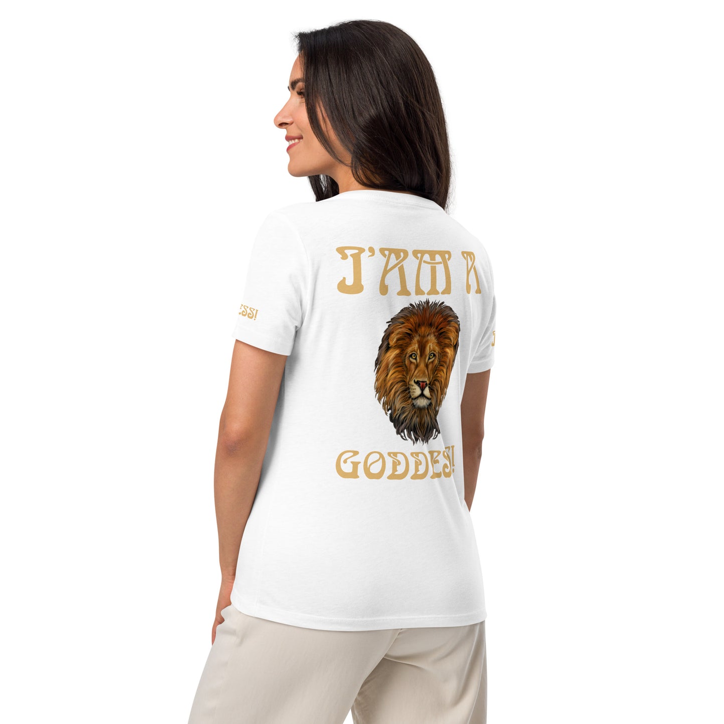 “I’AM A GODDESS!”White Women’s Relaxed V-Neck T-Shirt W/Fawn Font