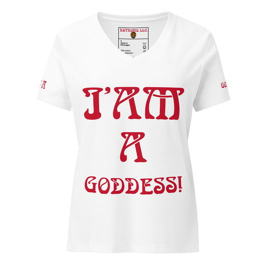 “I’AM A GODDESS!” White Women’s Relaxed V-Neck T-Shirt W/Red Font