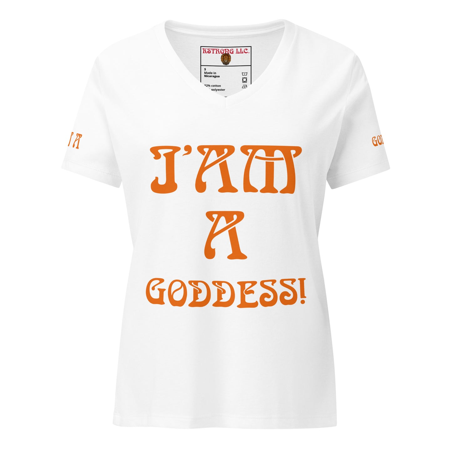 “I’AM A GODDESS!” White Women’s Relaxed V-Neck T-Shirt W/Orange Font