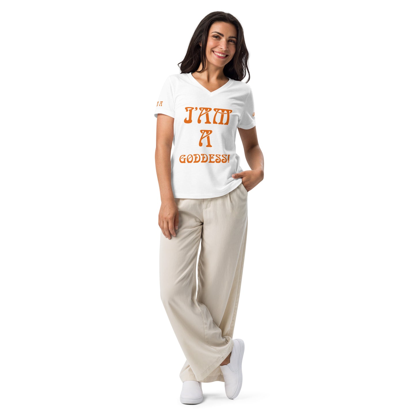 “I’AM A GODDESS!” White Women’s Relaxed V-Neck T-Shirt W/Orange Font