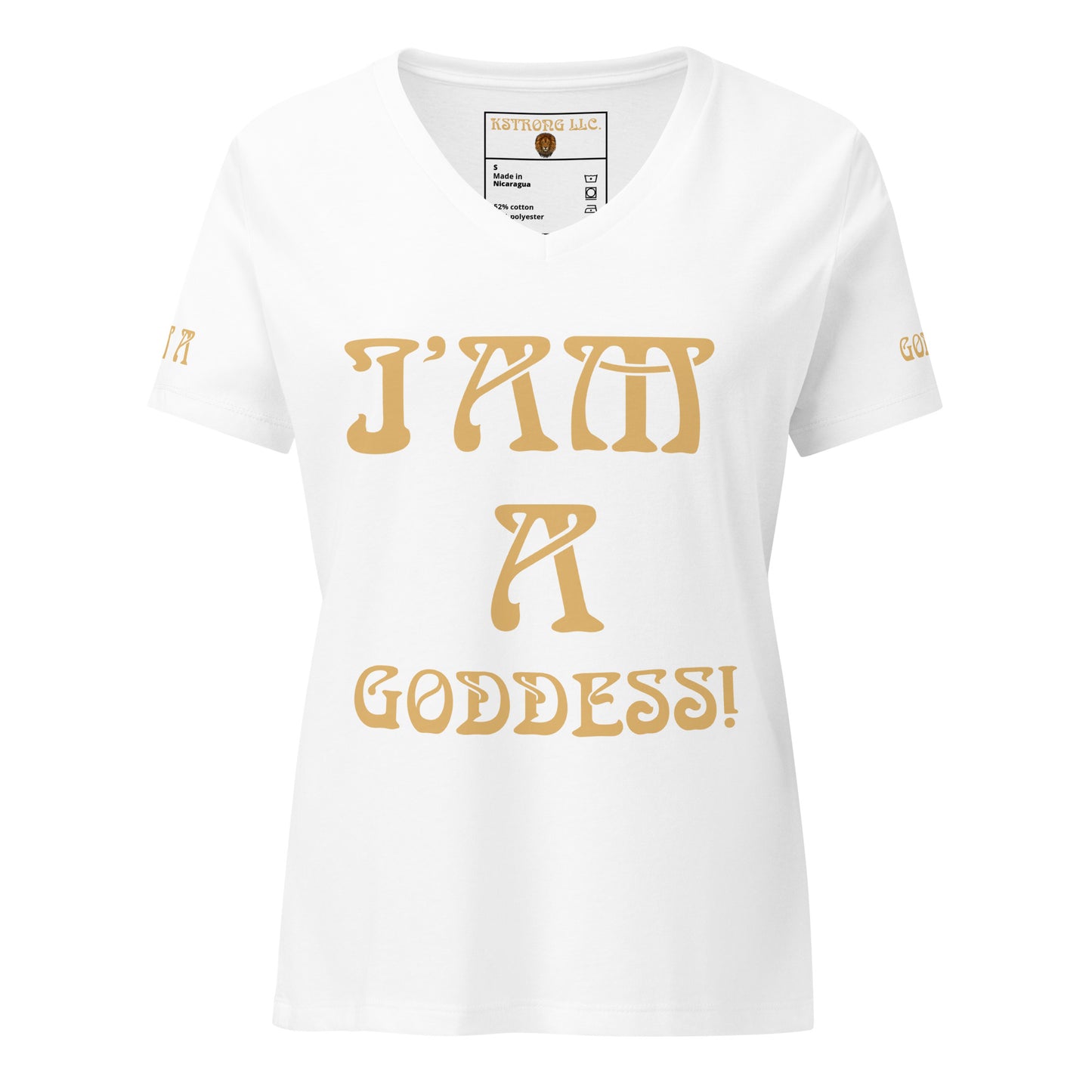 “I’AM A GODDESS!”White Women’s Relaxed V-Neck T-Shirt W/Fawn Font