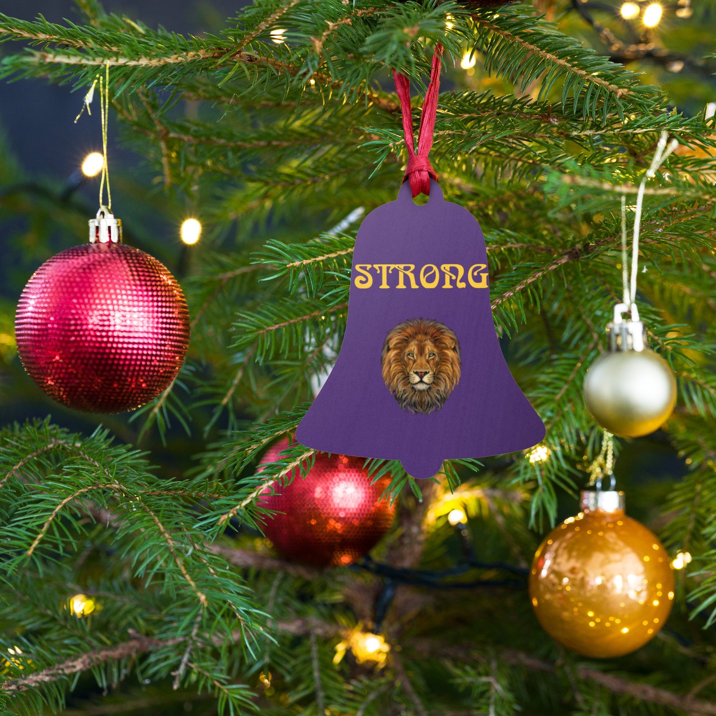 “STRONG”Purple Wooden Ornaments W/Yellow Font