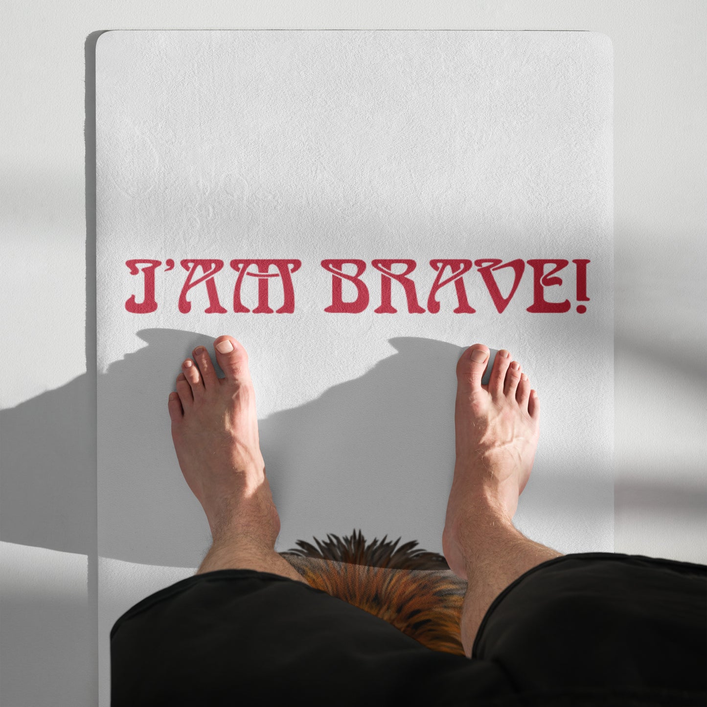 “I’AM BRAVE!”White Yoga Mat W/Red Font